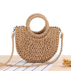 Vintage Coin Buckle Handbag | Woven Cotton Rope with Round Rattan Handle and Diamond Hollow Pattern