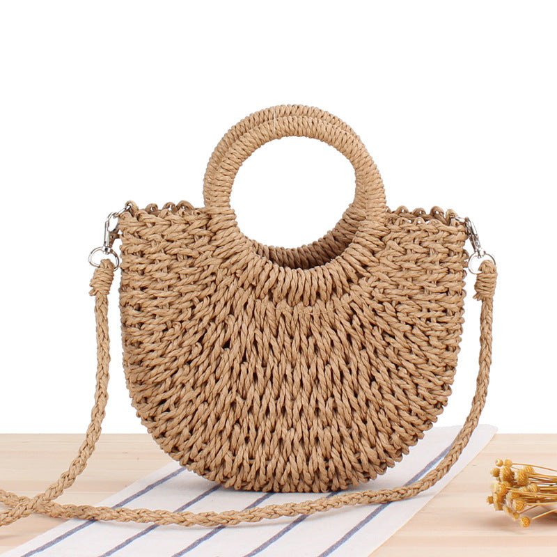 Vintage Coin Buckle Handbag | Woven Cotton Rope with Round Rattan Handle and Diamond Hollow Pattern