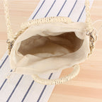 Vintage Coin Buckle Handbag | Woven Cotton Rope with Round Rattan Handle and Diamond Hollow Pattern