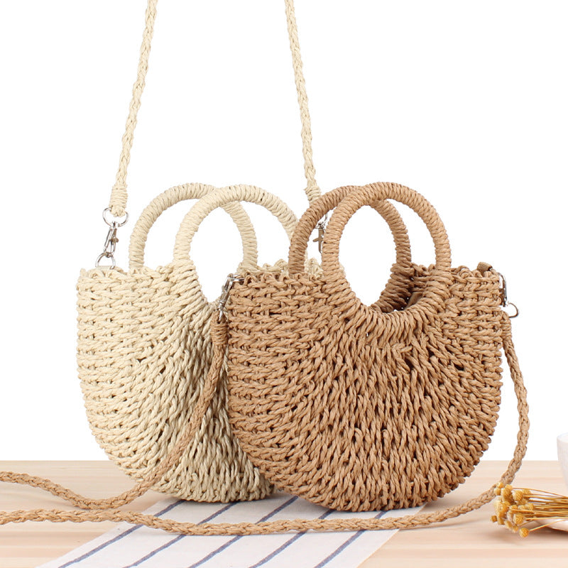 Vintage Coin Buckle Handbag | Woven Cotton Rope with Round Rattan Handle and Diamond Hollow Pattern