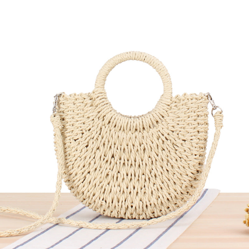 Vintage Coin Buckle Handbag | Woven Cotton Rope with Round Rattan Handle and Diamond Hollow Pattern