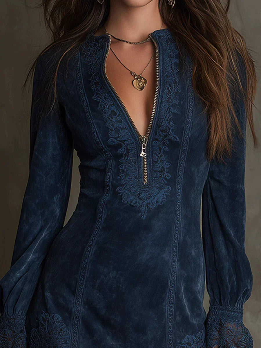 Jasmine | Blue Suede Mini Dress with Lace