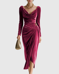 Celestine™ | Velvet Draped Pleated Midi Dress