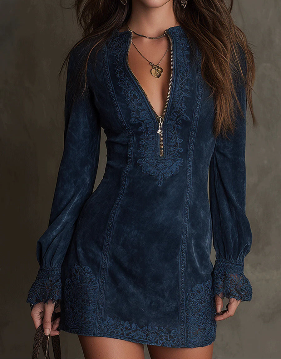 Jasmine | Blue Suede Mini Dress with Lace