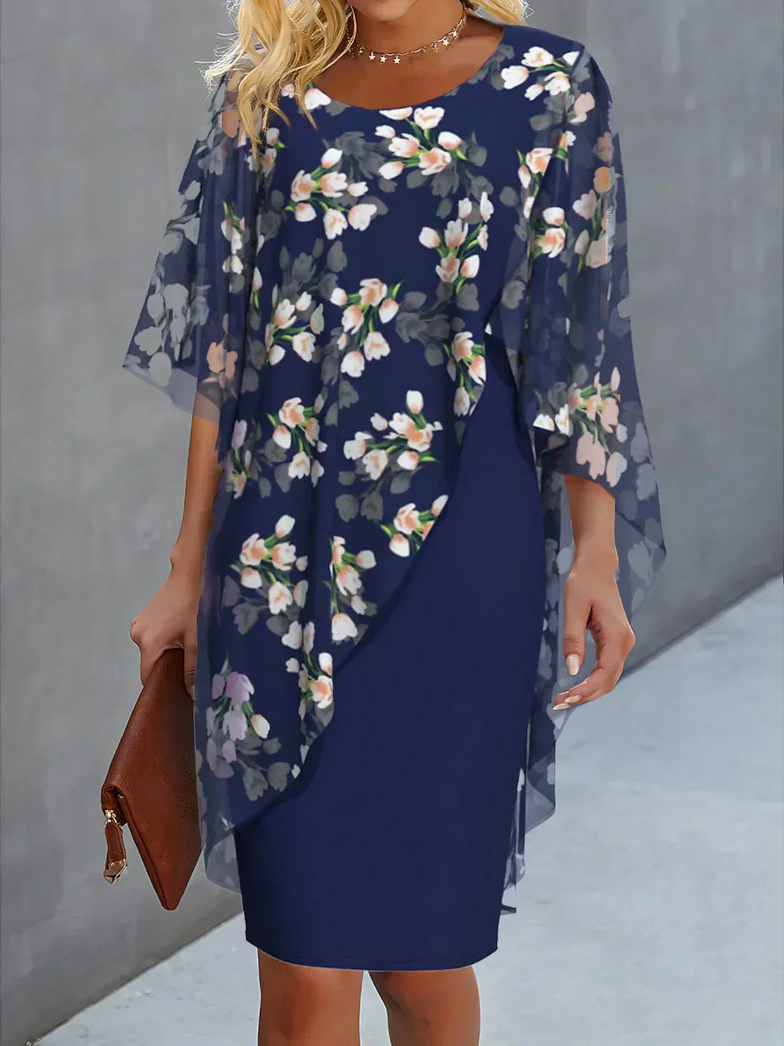 Lilian - Summer dress with floral pattern and overlay for women
