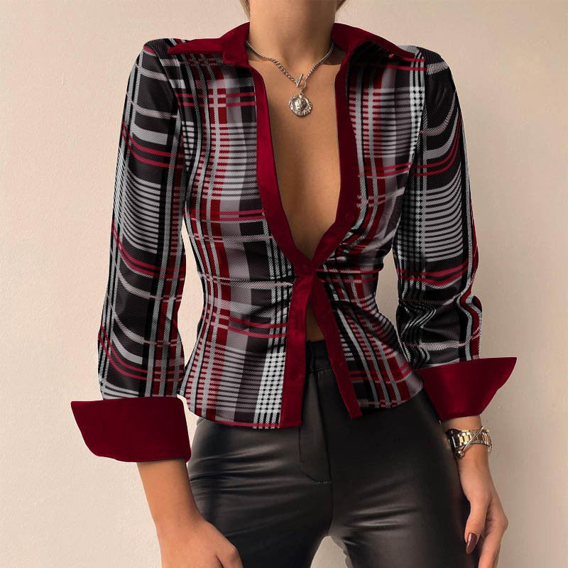 Lill | Printed V-Neck Leather Blouse with Long Sleeves