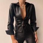 Lill | Printed V-Neck Leather Blouse with Long Sleeves