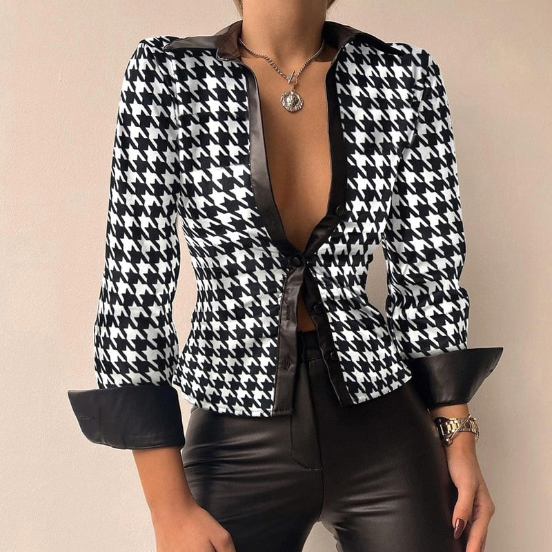 Lill | Printed V-Neck Leather Blouse with Long Sleeves