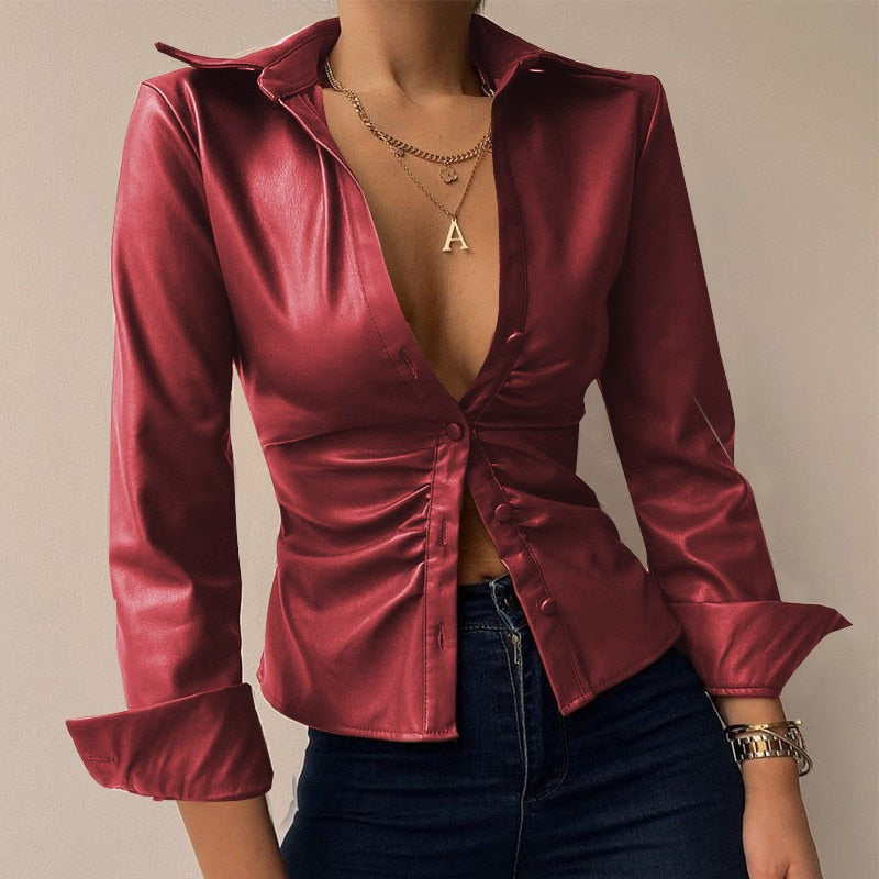 Lill | Printed V-Neck Leather Blouse with Long Sleeves