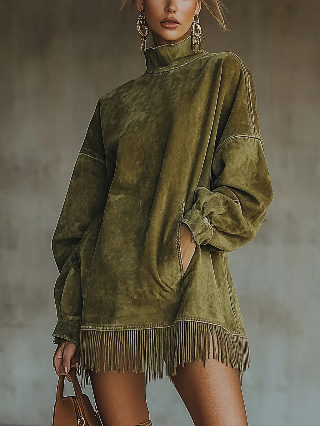 Nancy | Faux Suede Fringe Turtleneck Dress