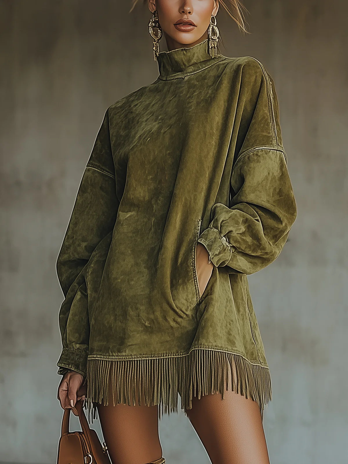 Nancy | Faux Suede Fringe Turtleneck Dress