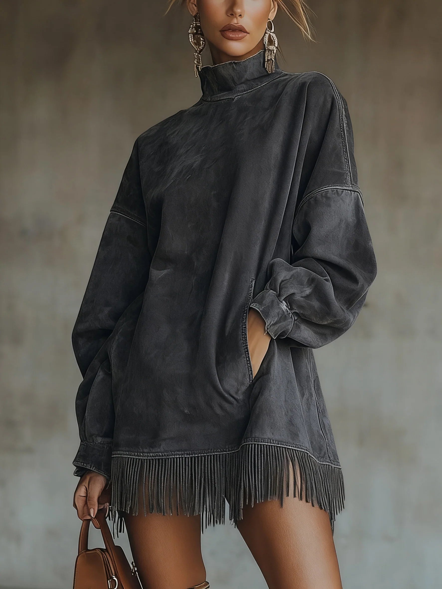 Nancy | Faux Suede Fringe Turtleneck Dress