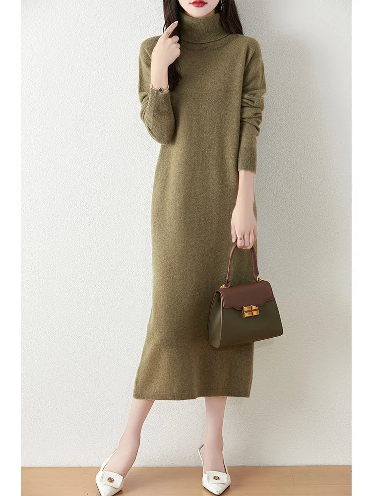 Marienne™ | Pure Merino Wool Turtleneck Midi Dress