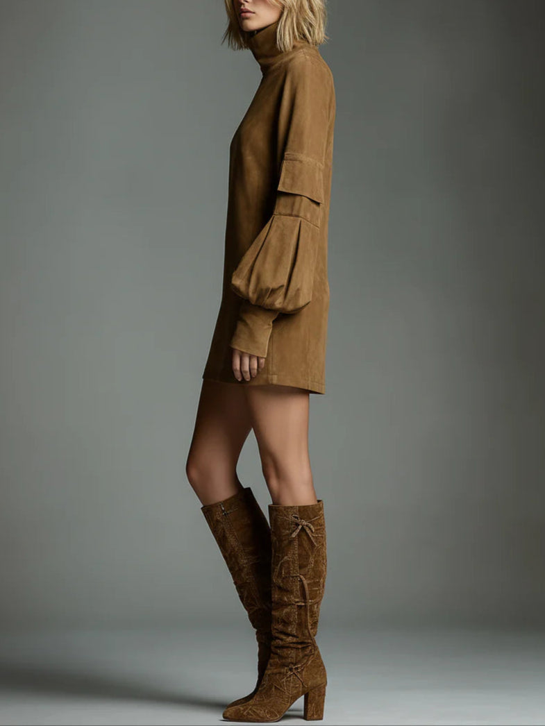 Maribelle™ | Vintage Suede Turtleneck Mini Dress