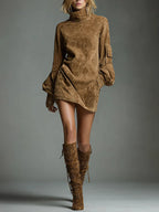 Maribelle™ | Vintage Suede Turtleneck Mini Dress