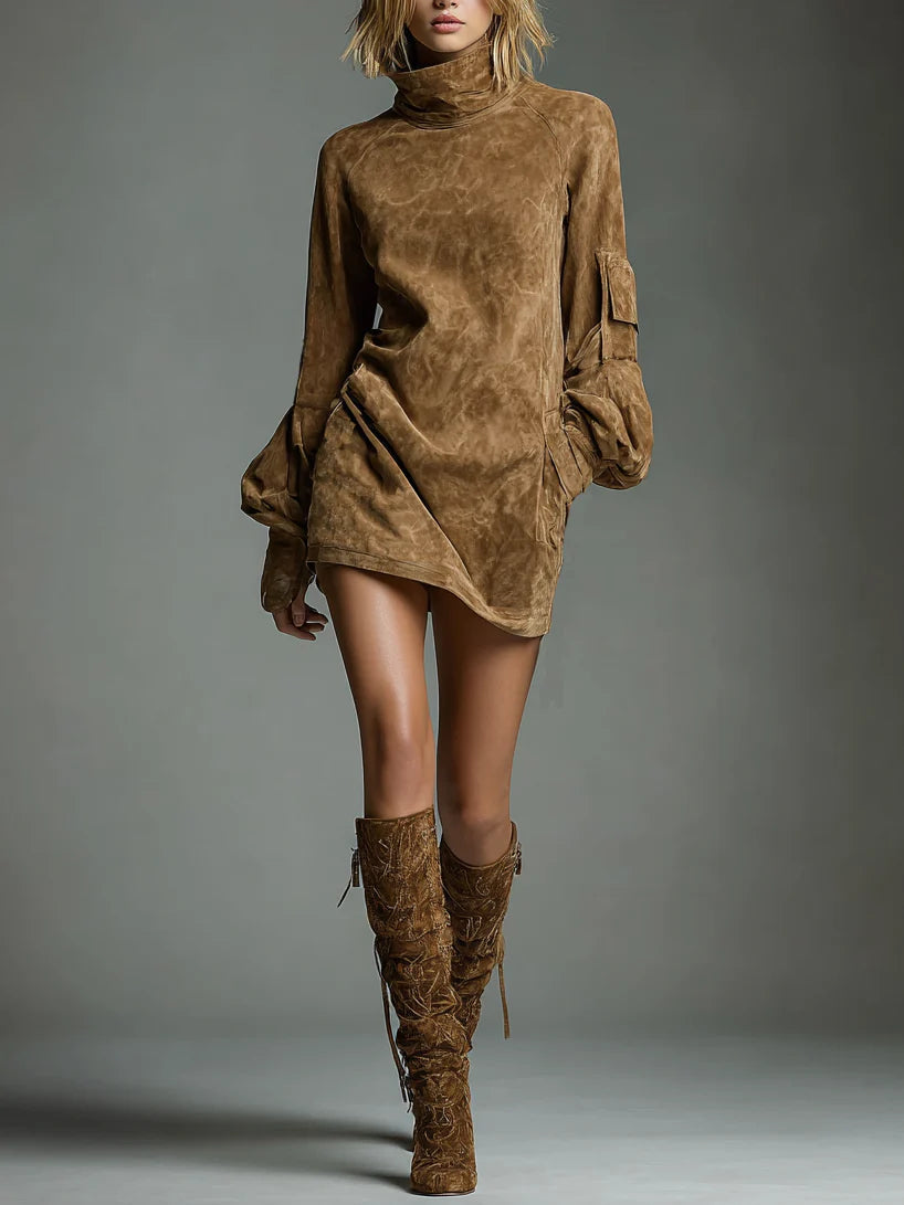 Maribelle™ | Vintage Suede Turtleneck Mini Dress